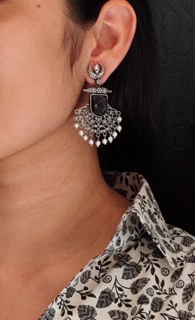 Silver Replica Oxidized Half Moon Dangler Earrings with Unique Pearl & Floral Art