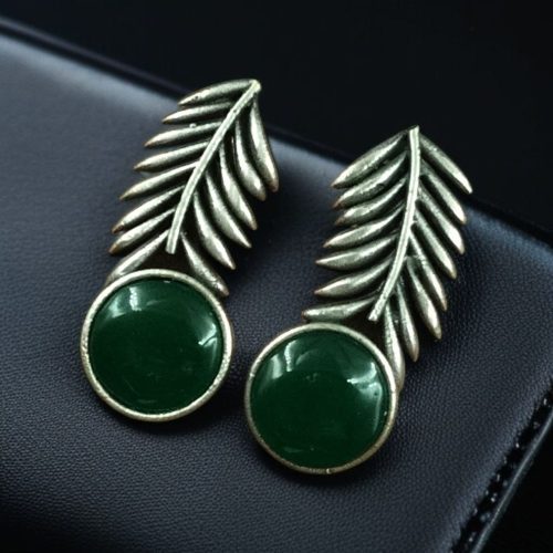 Oxidized silver leaf earrings with Monalisa stone for women.