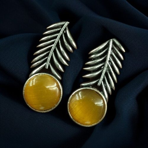 Oxidized silver leaf earrings with Monalisa stone for women.