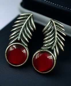 Oxidized silver leaf earrings with Monalisa stone for women.