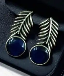 Oxidized silver leaf earrings with Monalisa stone for women.