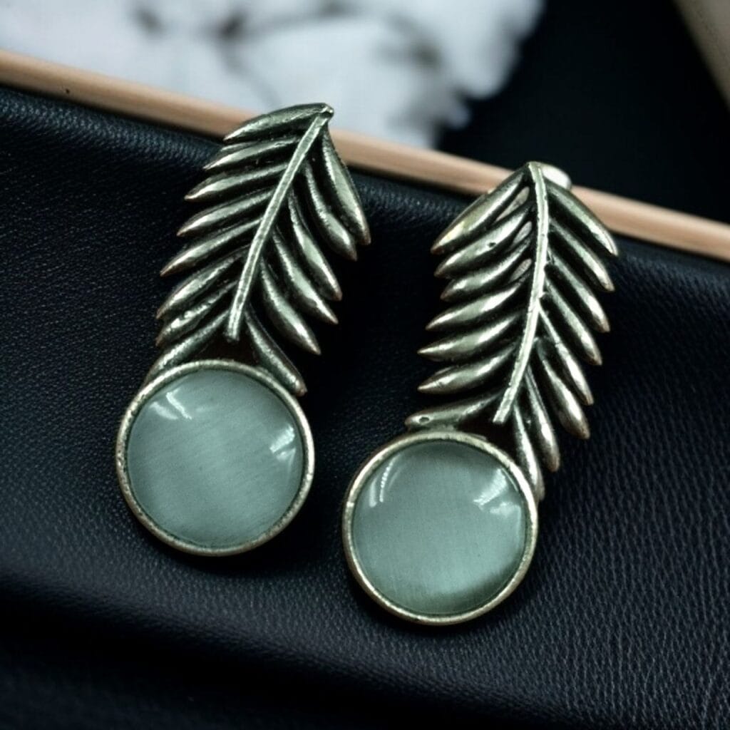 Bulk 812 Silver Replica Leaf Earrings with Monalisa Stone – Ethnic Oxidized Amazing Jewelry for Women - "Grey"