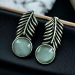 Silver Replica Leaf Earrings with Monalisa Stone – Ethnic Oxidized Amazing Jewelry for Women - "Grey"