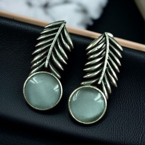 Oxidized silver leaf earrings with Monalisa stone for women.