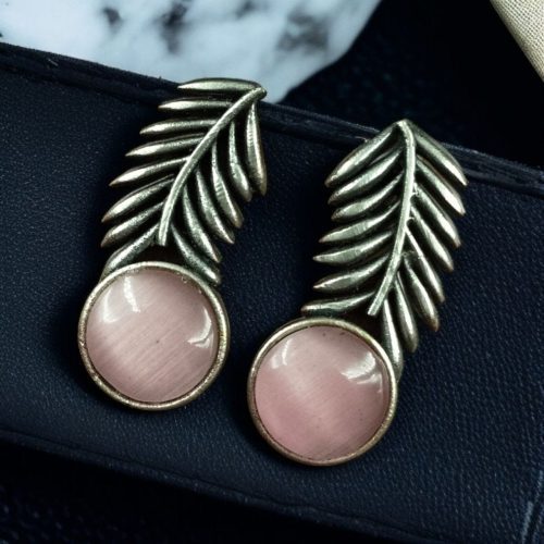 Oxidized silver leaf earrings with Monalisa stone for women.