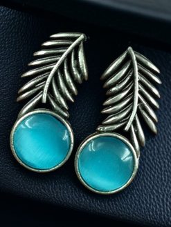 Oxidized silver leaf earrings with Monalisa stone for women.