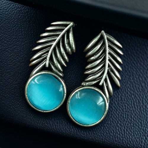 Oxidized silver leaf earrings with Monalisa stone for women.