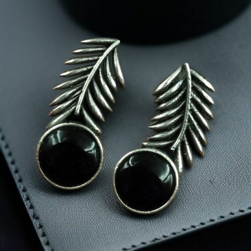 Oxidized silver leaf earrings with Monalisa stone for women.