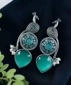 Oxidized silver peacock earrings with Monalisa stone and pearl drops.