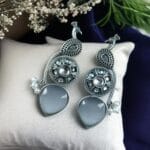 Traditional Unique Peacock Design Earrings in Oxidized Silver with Monalisa Stone and Pearl - "Grey"