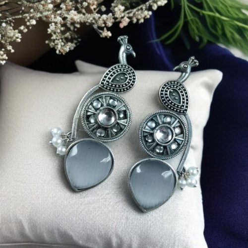Oxidized silver peacock earrings with Monalisa stone and pearl drops.