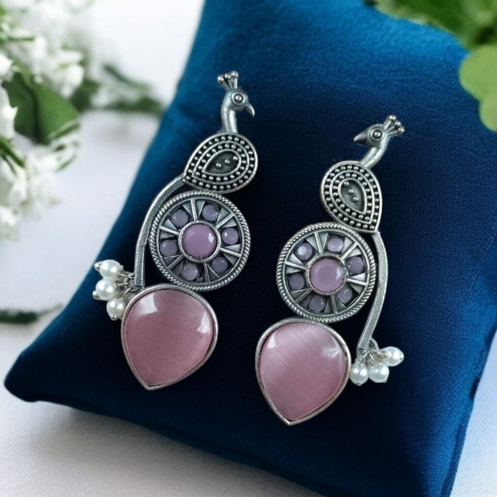 Traditional Unique Peacock Design Earrings in Oxidized Silver with Monalisa Stone and Pearl