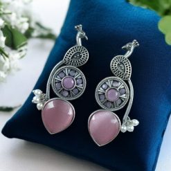 Oxidized silver peacock earrings with Monalisa stone and pearl drops.