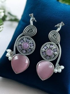 Oxidized silver peacock earrings with Monalisa stone and pearl drops.