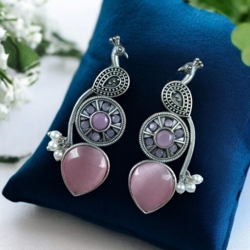 Oxidized silver peacock earrings with Monalisa stone and pearl drops.