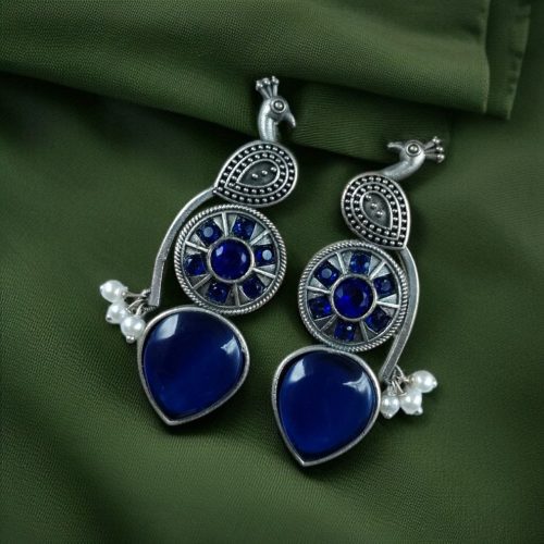 Oxidized silver peacock design earrings with Monalisa stone and pearl drops.