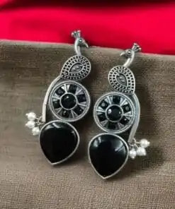 Oxidized silver peacock earrings with Monalisa stone and pearl drops.