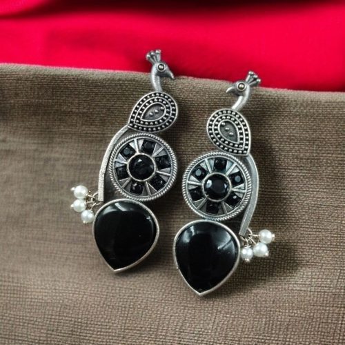 Oxidized silver peacock earrings with Monalisa stone and pearl drops.