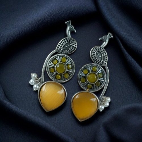 Oxidized silver peacock earrings with Monalisa stone and pearl drops.