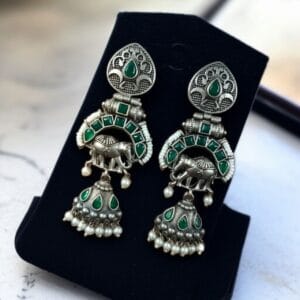 Antique Finish Oxidized Unique Elephant Jhumki Earrings with Elegant Pearl Detailing - color: "Green"
