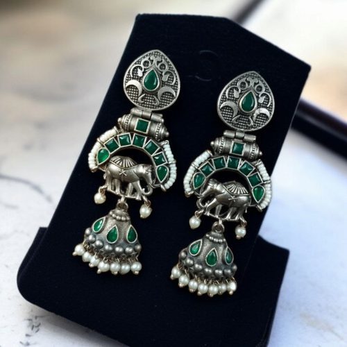 Oxidized elephant jhumki earrings with pearl drops