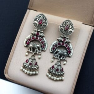 Antique Finish Oxidized Unique Elephant Jhumki Earrings with Elegant Pearl Detailing - color: "Red"