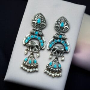 Antique Finish Oxidized Unique Elephant Jhumki Earrings with Elegant Pearl Detailing - color: "Aqua"