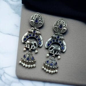 Antique Finish Oxidized Unique Elephant Jhumki Earrings with Elegant Pearl Detailing - color: "Blue"