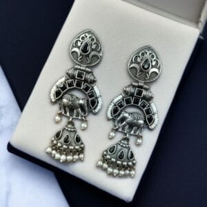 Antique Finish Oxidized Unique Elephant Jhumki Earrings with Elegant Pearl Detailing - color: "Black"