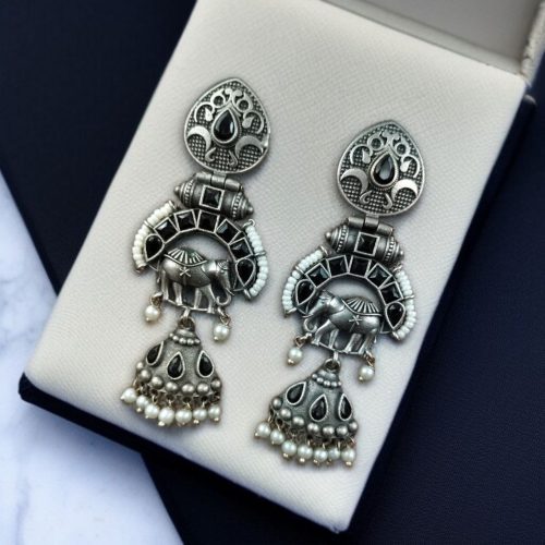 Oxidized elephant jhumki earrings with pearl drops