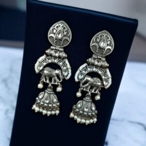 Antique Finish Oxidized Unique Elephant Jhumki Earrings with Elegant Pearl Detailing - color: "White"