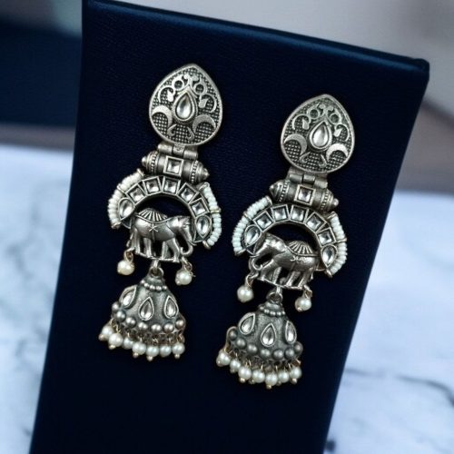 Oxidized elephant jhumki earrings with pearl drops