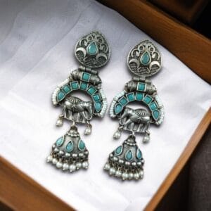 Antique Finish Oxidized Unique Elephant Jhumki Earrings with Elegant Pearl Detailing - color: "Mint"