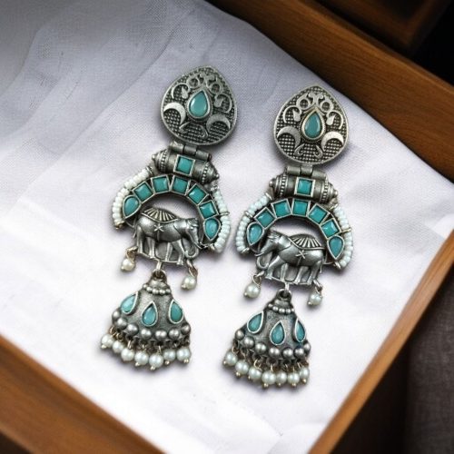 Oxidized elephant jhumki earrings with pearl drops