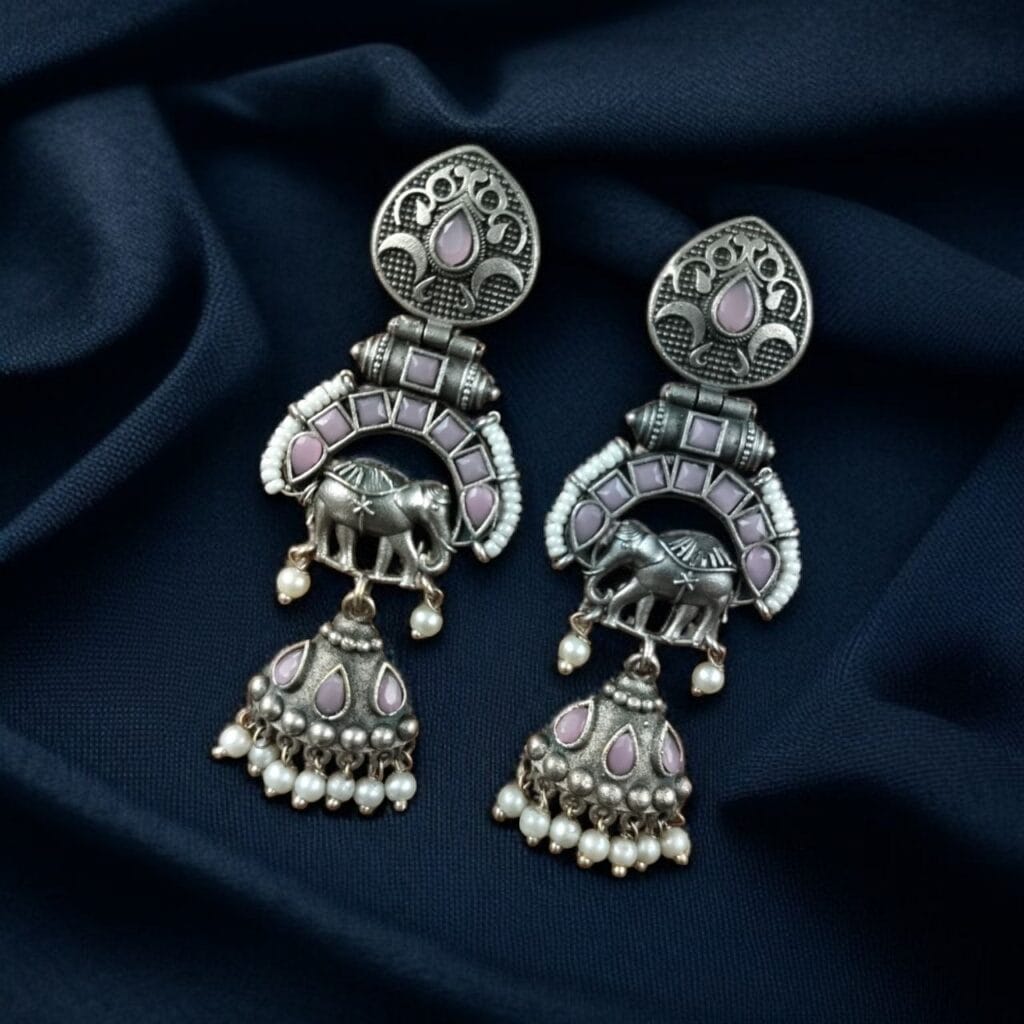 Bulk 778 Antique Finish Oxidized Unique Elephant Jhumki Earrings with Elegant Pearl Detailing - "Baby Pink"