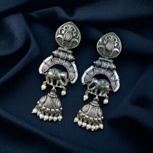 Antique Finish Oxidized Unique Elephant Jhumki Earrings with Elegant Pearl Detailing - color: "Baby Pink"