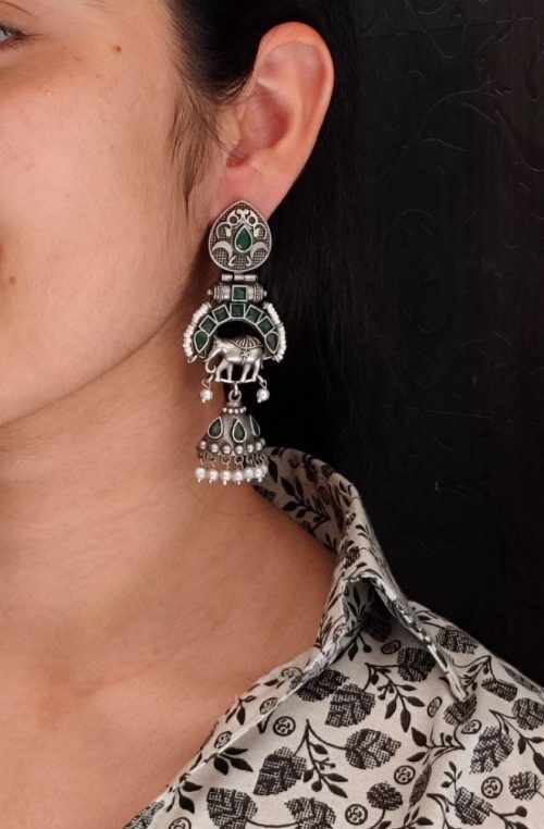 Oxidized elephant jhumki earrings with pearl drops
