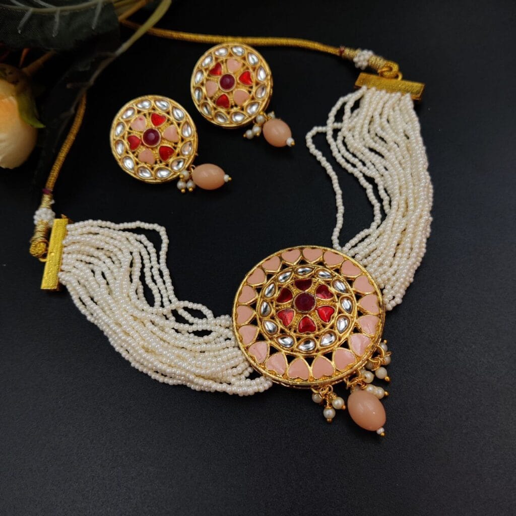 Bulk 726 Stylish Kundan Meena Choker Necklace Set | Handmade Indian Jewelry Best For Fastival - "Babypink"