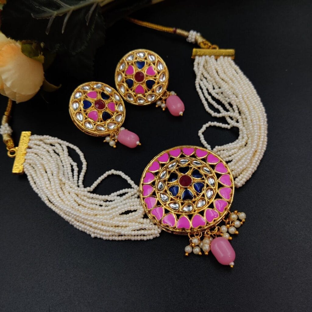Bulk 728 Stylish Kundan Meena Choker Necklace Set | Handmade Indian Jewelry Best For Fastival - "Pink"