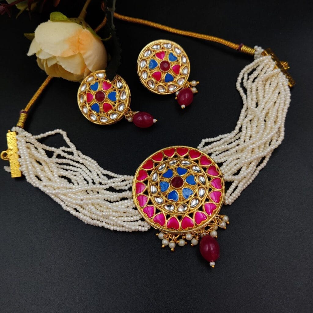 Bulk 730 Stylish Kundan Meena Choker Necklace Set | Handmade Indian Jewelry Best For Fastival - "Rani Pink"