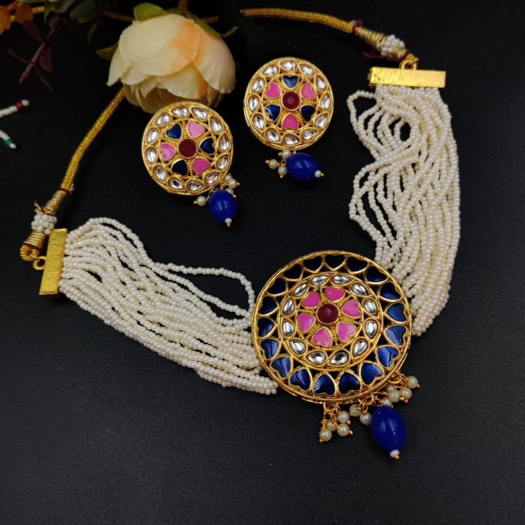 Bulk 732 Stylish Kundan Meena Choker Necklace Set | Handmade Indian Jewelry Best For Fastival - "Blue"