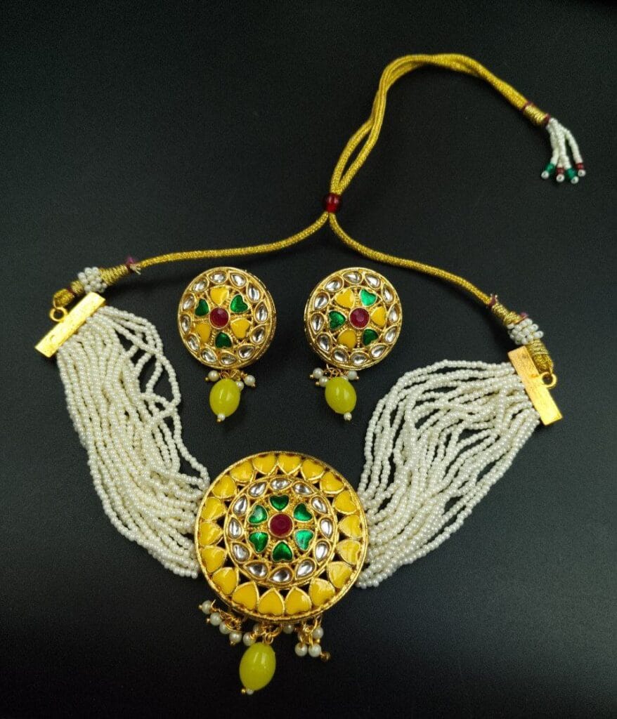Bulk 740 Stylish Kundan Meena Choker Necklace Set | Handmade Indian Jewelry Best For Fastival - "Yellow"