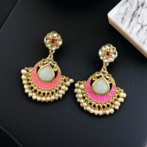 Traditional Kundan Meenakari Chandbali Earrings | Perfect For Wedding Season Jewellery - Color: "Babypink"