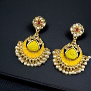 Traditional Kundan Meenakari Chandbali Earrings | Perfect For Wedding Season Jewellery - Color: "Yellow"