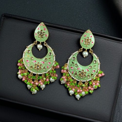Gold Plated Hand Painted Chandbali Earrings | Designer Long Dangler Jewellery