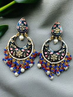 Gold Plated Hand Painted Chandbali Earrings | Designer Long Dangler Jewellery