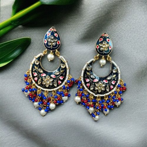 Gold Plated Hand Painted Chandbali Earrings | Designer Long Dangler Jewellery
