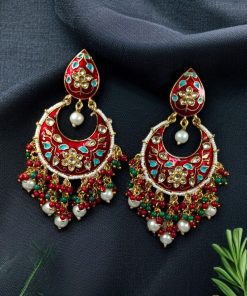 Gold Plated Hand Painted Chandbali Earrings | Designer Long Dangler Jewellery