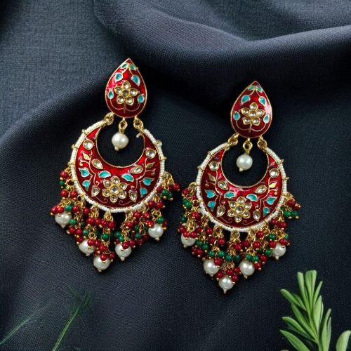 Gold Plated Hand Painted Chandbali Earrings | Designer Long Dangler Jewellery