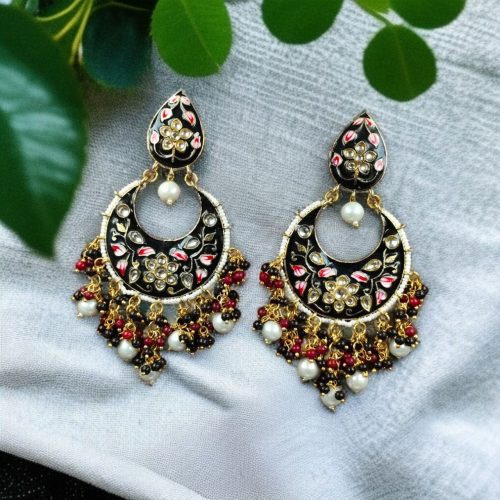 Gold Plated Hand Painted Chandbali Earrings | Designer Long Dangler Jewellery